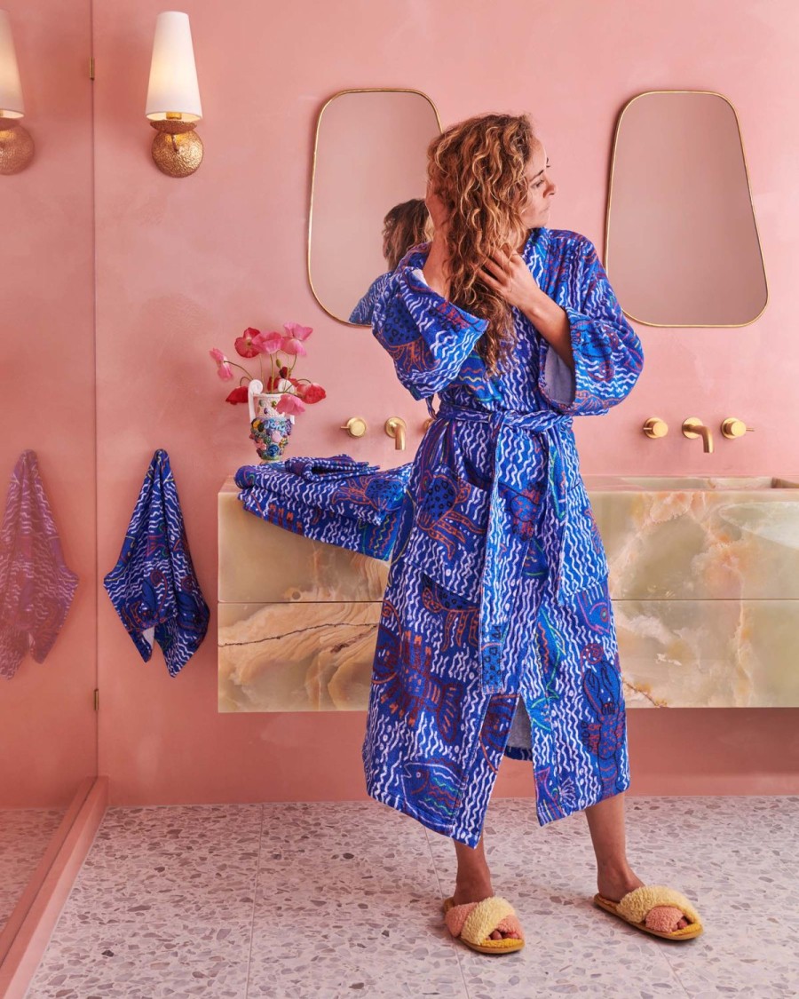 Apparel Kip&Co Robes | The Deep Blue Printed Terry Bath Robe