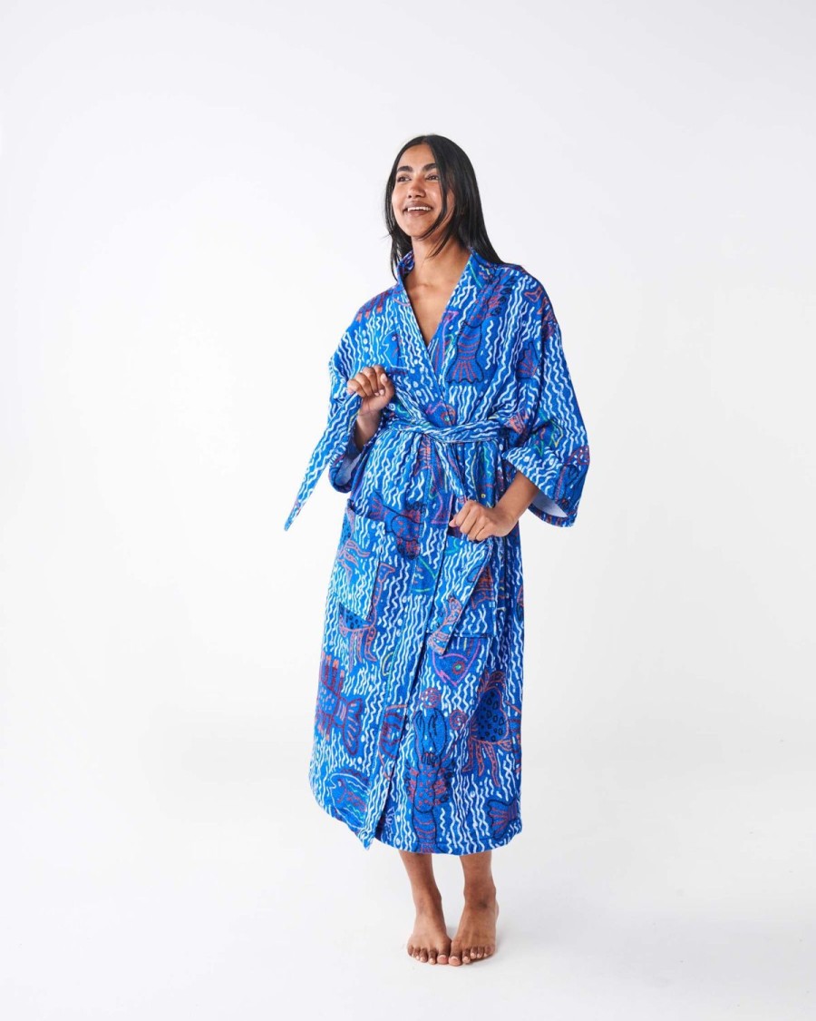 Apparel Kip&Co Robes | The Deep Blue Printed Terry Bath Robe