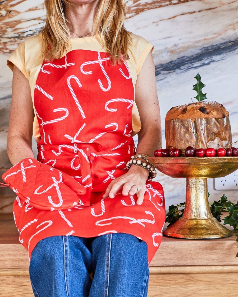 Homewares Kip&Co Aprons, Tea Towels & Mitts | Candy Cane Red Linen Apron