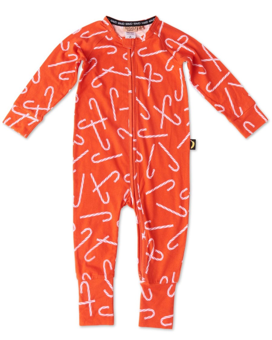 Apparel Kip&Co Rompers | Candy Cane Red Organic Long Sleeve Zip Romper