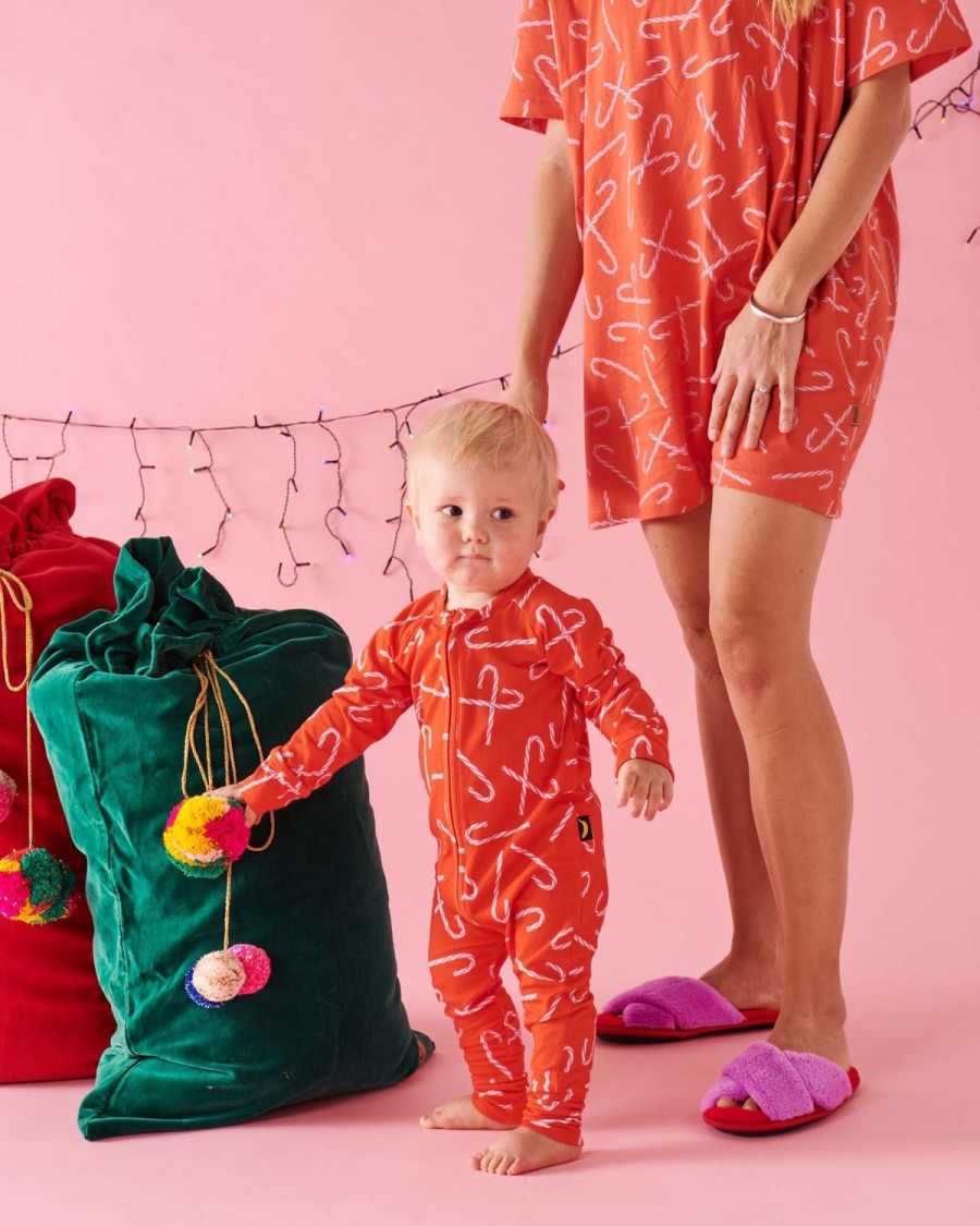 Apparel Kip&Co Rompers | Candy Cane Red Organic Long Sleeve Zip Romper