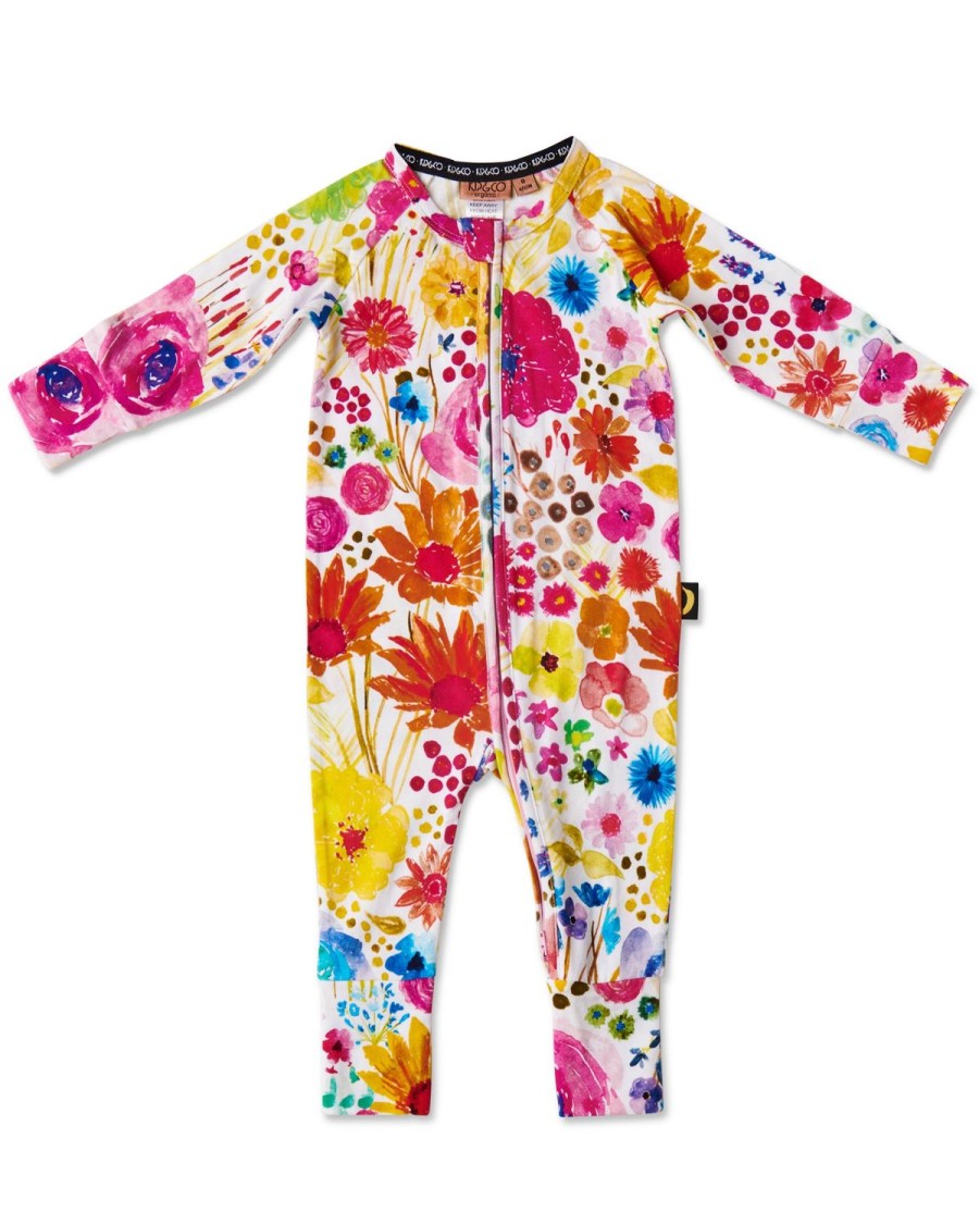 Apparel Kip&Co Baby Pjs | Field Of Dreams In Colour Organic Long Sleeve Zip Romper