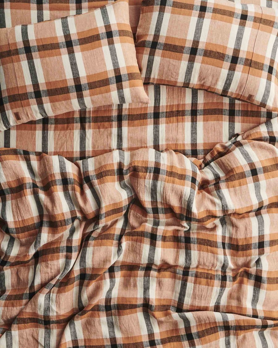 Bedding Kip&Co Fitted Sheets | Coffee And Cream Tartan Linen Fitted Sheet