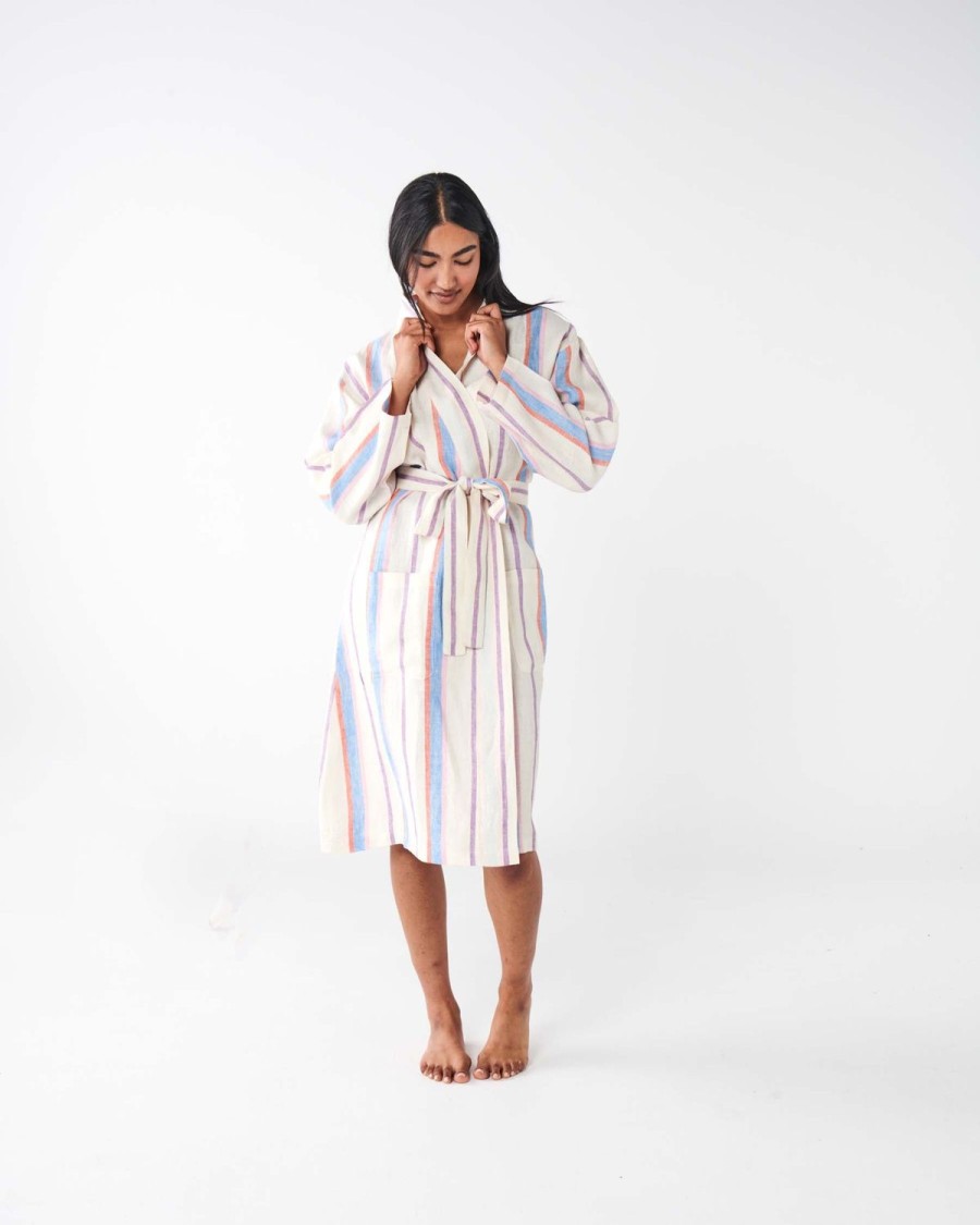 Apparel Kip&Co Adult Robes | Maldives Stripe Linen Robe