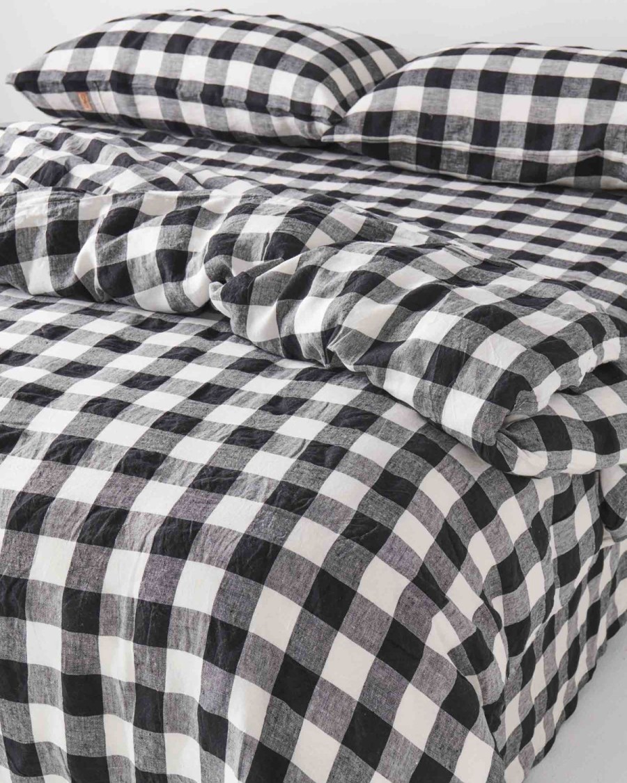 Bedding Kip&Co Fitted Sheets | Black & White Gingham Linen Fitted Sheet