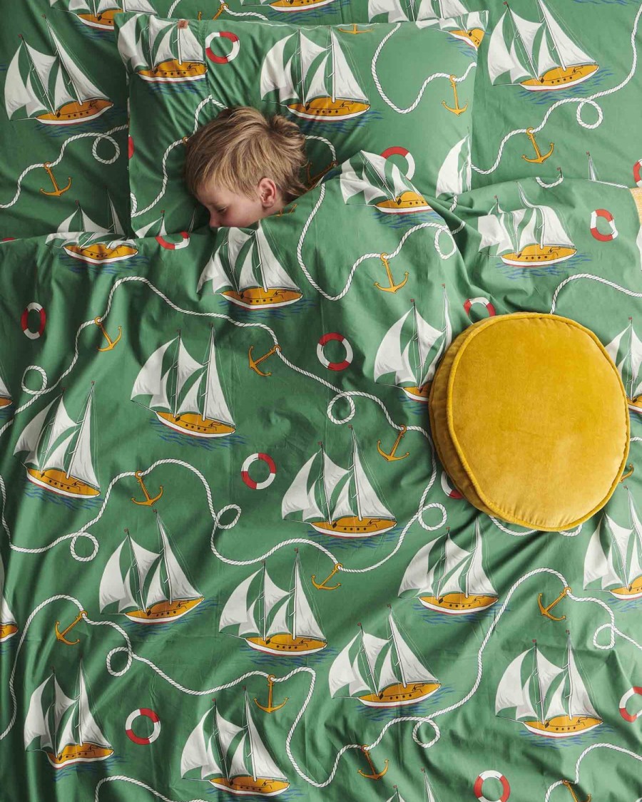 Bedding Kip&Co Flat Sheets | Hey Sailor Green Organic Cotton Flat Sheet