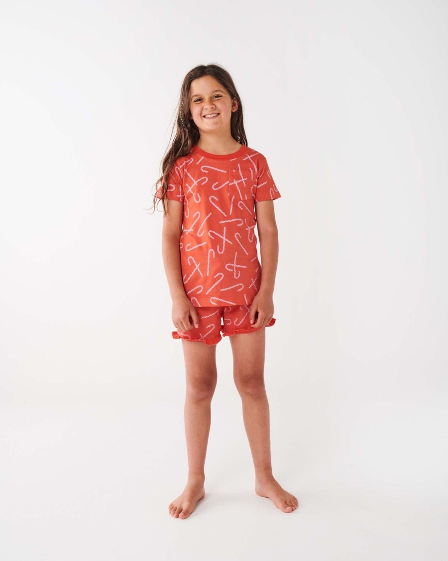 Apparel Kip&Co Kid'S Pjs | Candy Cane Red Organic Cotton Short Sleeve Tee & Frill Short Pyjama Set