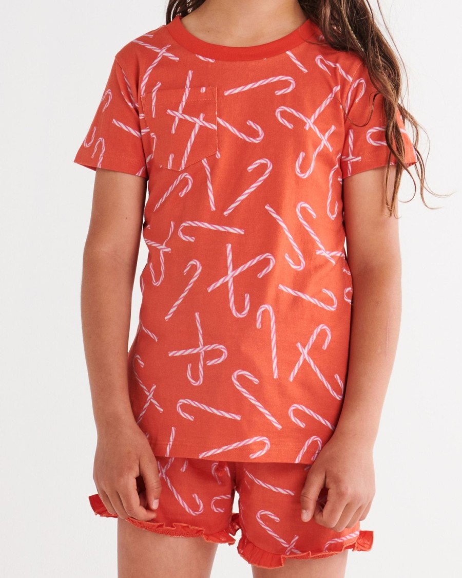 Apparel Kip&Co Kid'S Pjs | Candy Cane Red Organic Cotton Short Sleeve Tee & Frill Short Pyjama Set